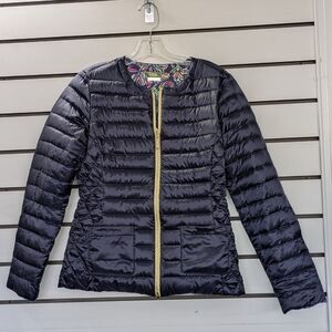 Lilly Pulitzer Dark Blue Reversible Puffer Jacket with Gold Zipper